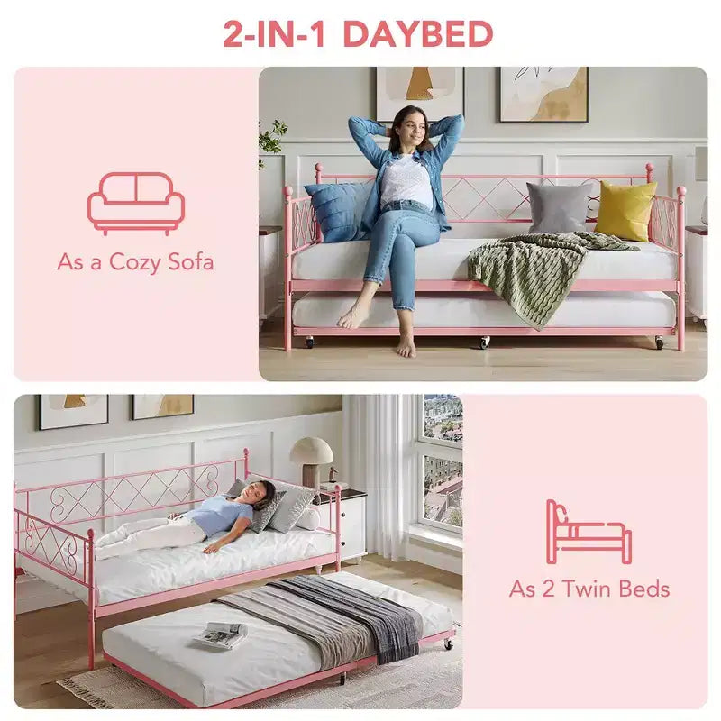 Lit de repos double en métal avec lit gigogne, canapé-lit peu encombrant pour salon, chambre et chambre d'amis