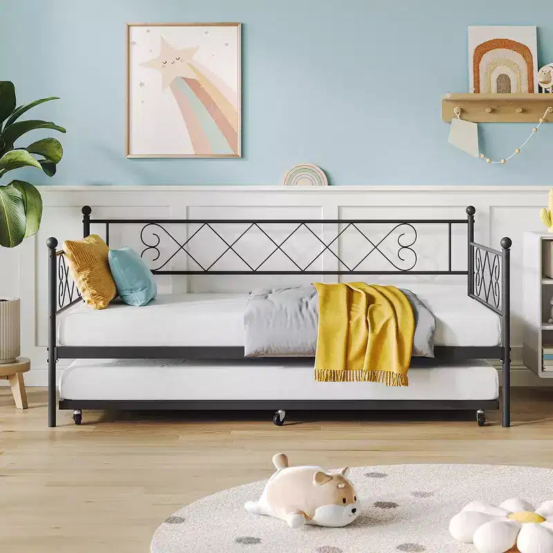 Lit de repos double en métal avec lit gigogne, canapé-lit peu encombrant pour salon, chambre et chambre d'amis