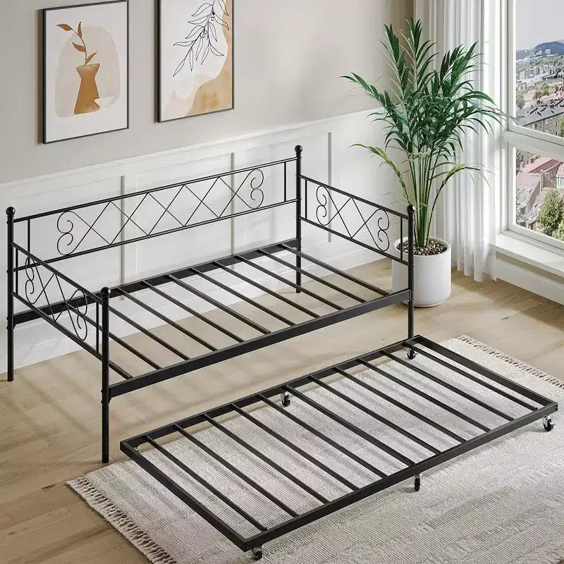Lit de repos double en métal avec lit gigogne, canapé-lit peu encombrant pour salon, chambre et chambre d'amis