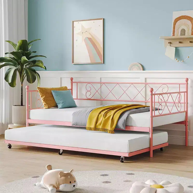 Lit de repos double en métal avec lit gigogne, canapé-lit peu encombrant pour salon, chambre et chambre d'amis