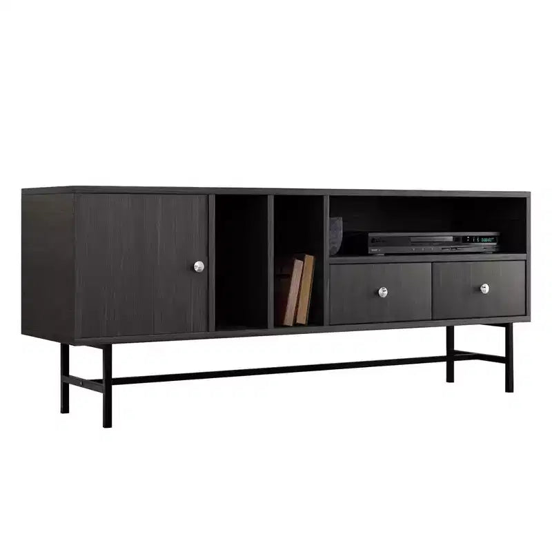 Meuble TV Mid-Century Modern avec cadre en bois, rangements fermés et pieds en fer noir, console média pour salon