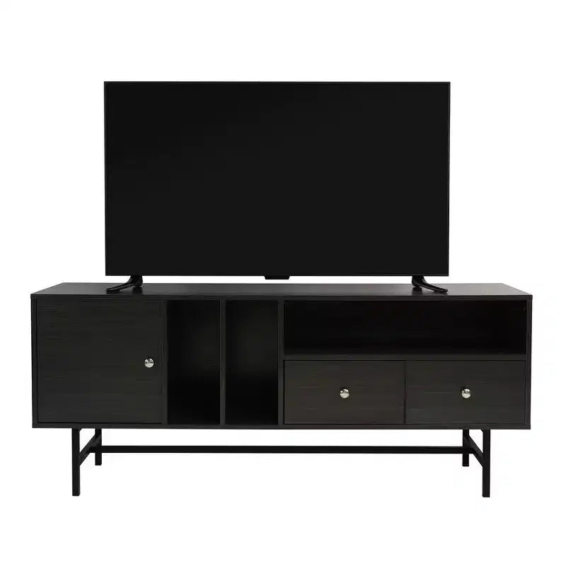 Meuble TV Mid-Century Modern avec cadre en bois, rangements fermés et pieds en fer noir, console média pour salon