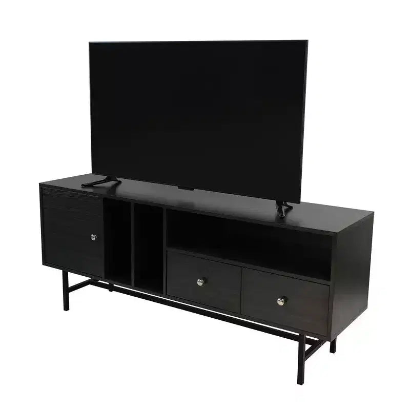 Meuble TV Mid-Century Modern avec cadre en bois, rangements fermés et pieds en fer noir, console média pour salon