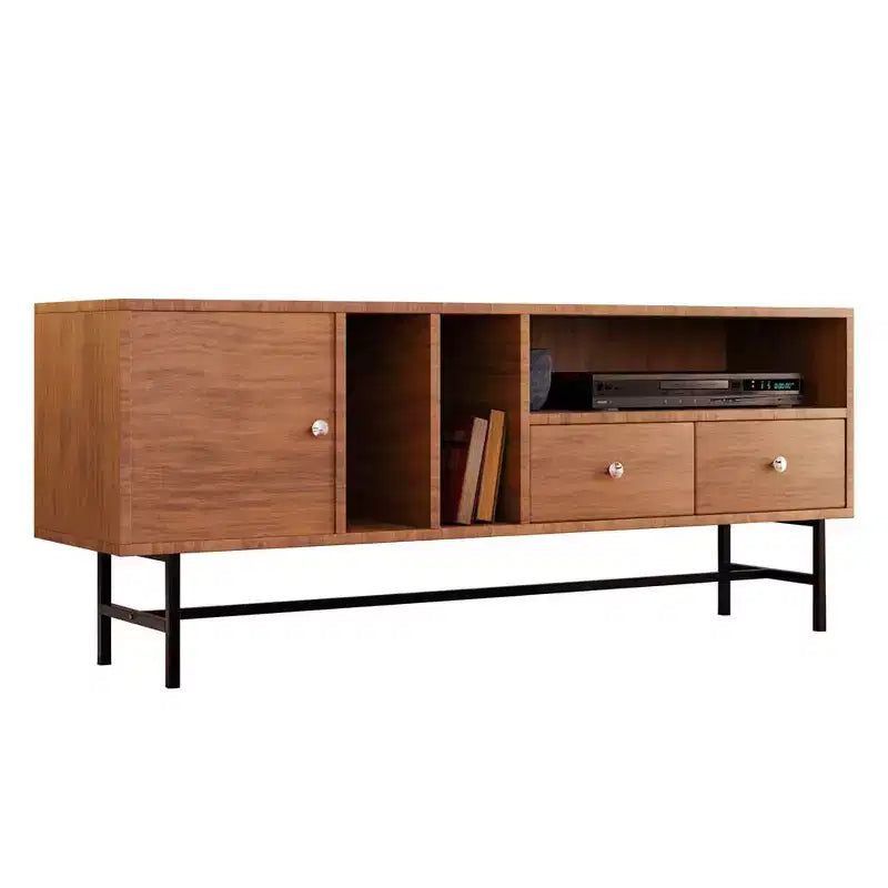 Meuble TV Mid-Century Modern avec cadre en bois, rangements fermés et pieds en fer noir, console média pour salon