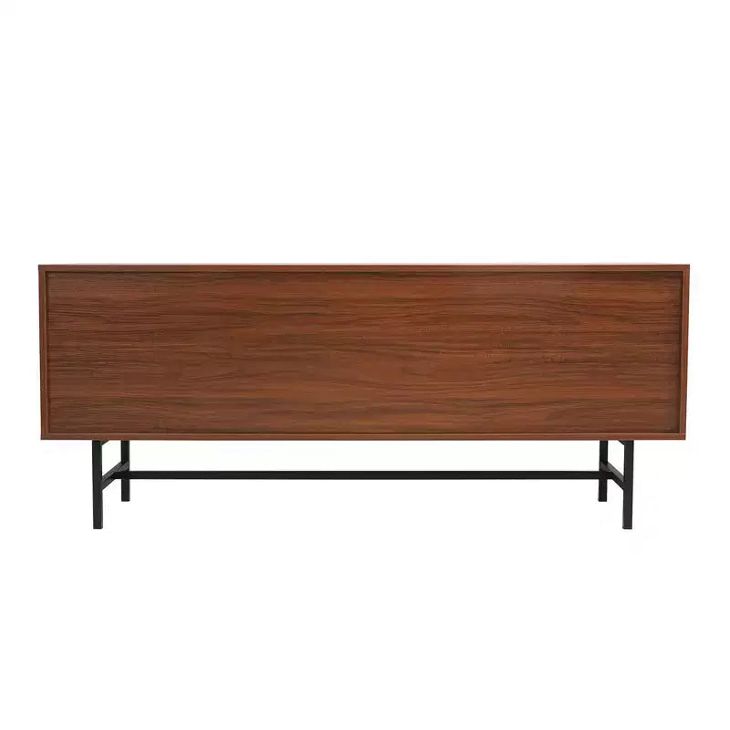 Meuble TV Mid-Century Modern avec cadre en bois, rangements fermés et pieds en fer noir, console média pour salon