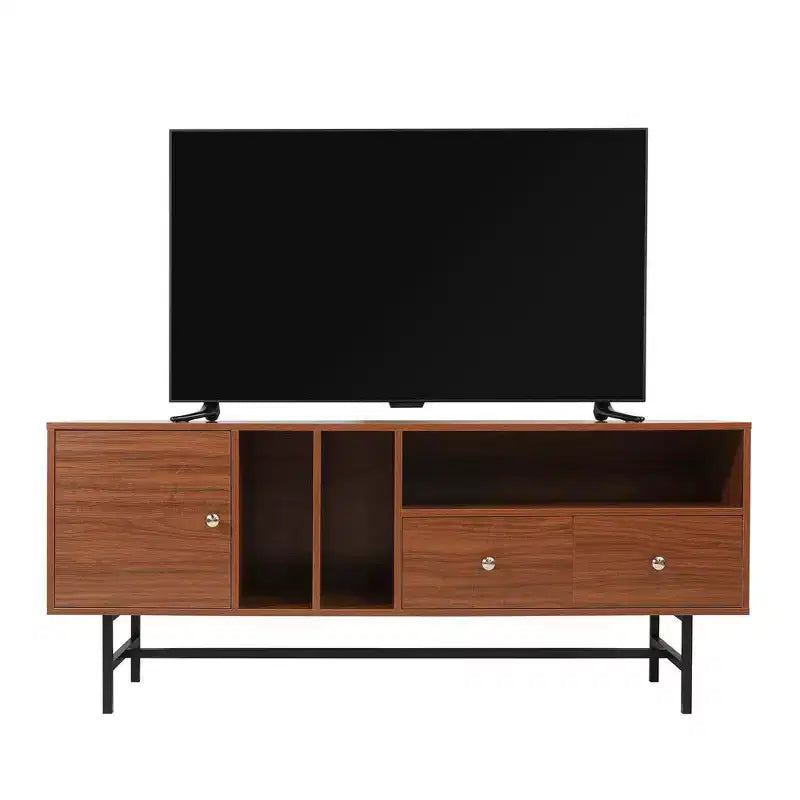 Meuble TV Mid-Century Modern avec cadre en bois, rangements fermés et pieds en fer noir, console média pour salon