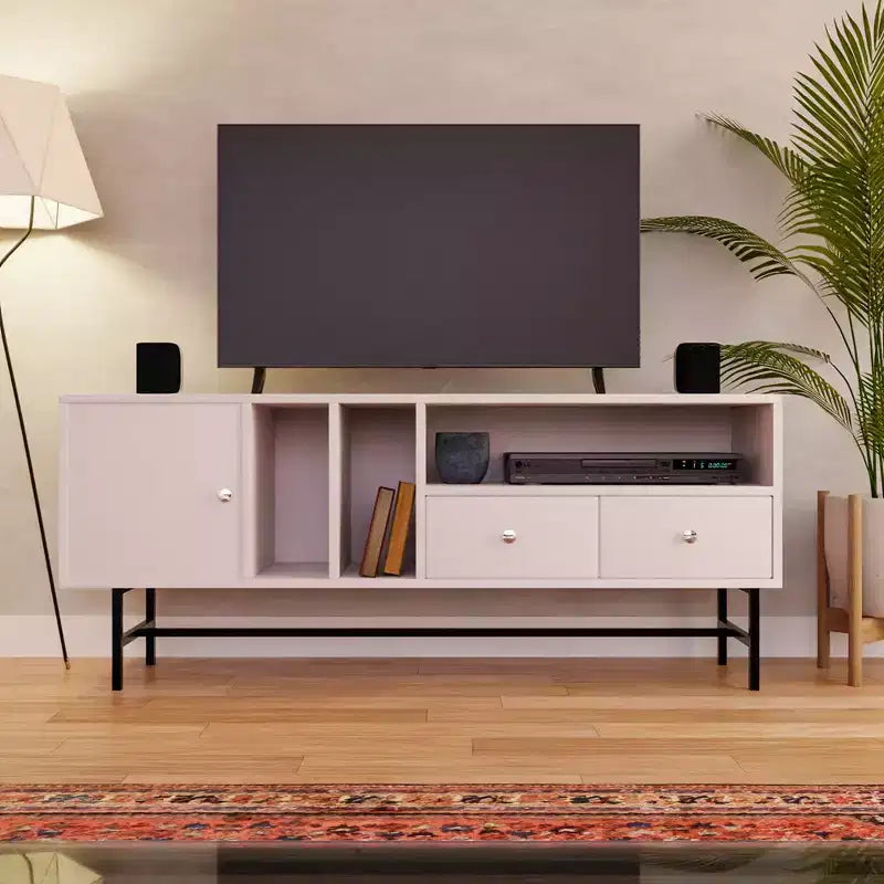 Meuble TV Mid-Century Modern avec cadre en bois, rangements fermés et pieds en fer noir, console média pour salon
