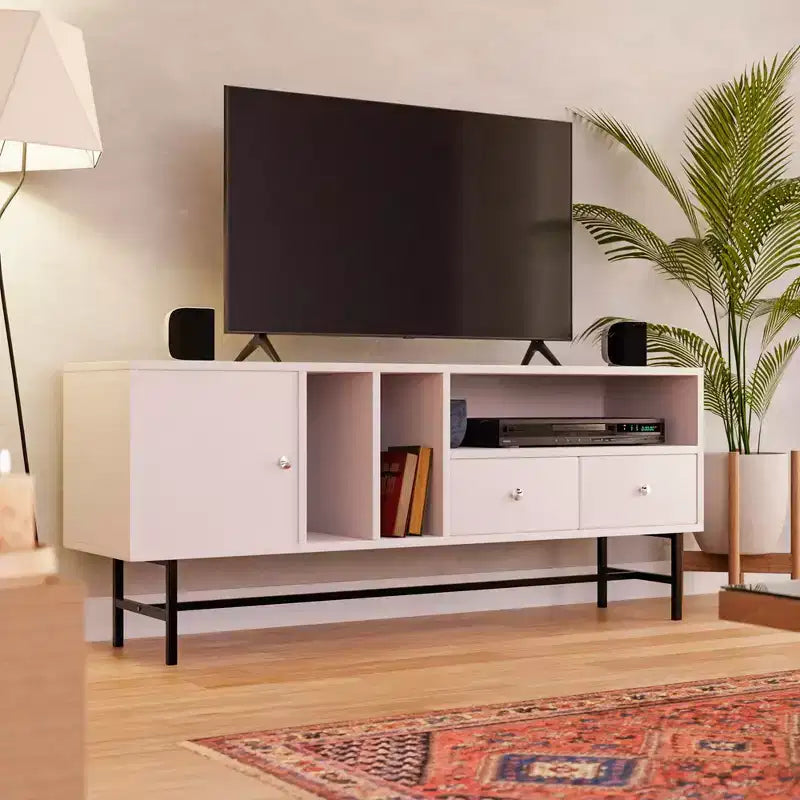 Meuble TV Mid-Century Modern avec cadre en bois, rangements fermés et pieds en fer noir, console média pour salon