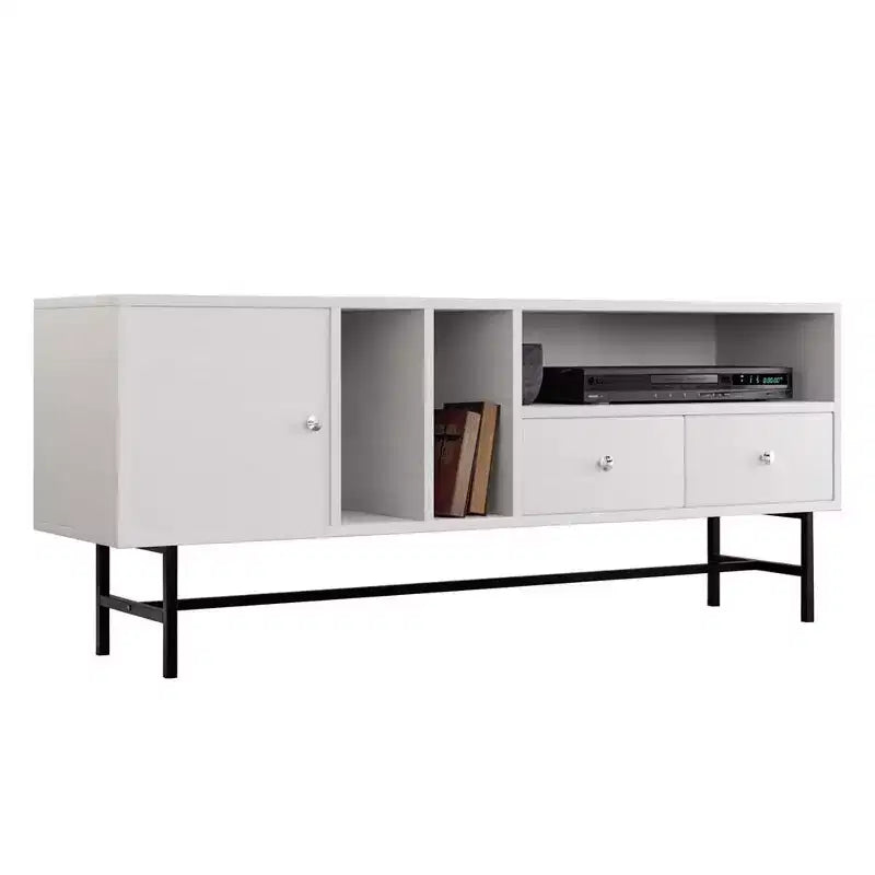 Meuble TV Mid-Century Modern avec cadre en bois, rangements fermés et pieds en fer noir, console média pour salon