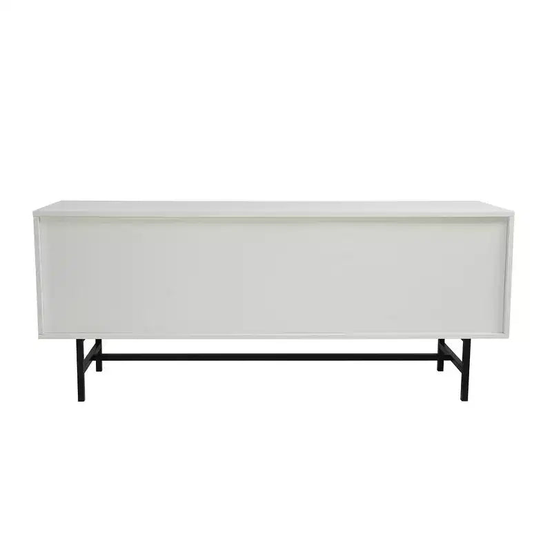 Meuble TV Mid-Century Modern avec cadre en bois, rangements fermés et pieds en fer noir, console média pour salon