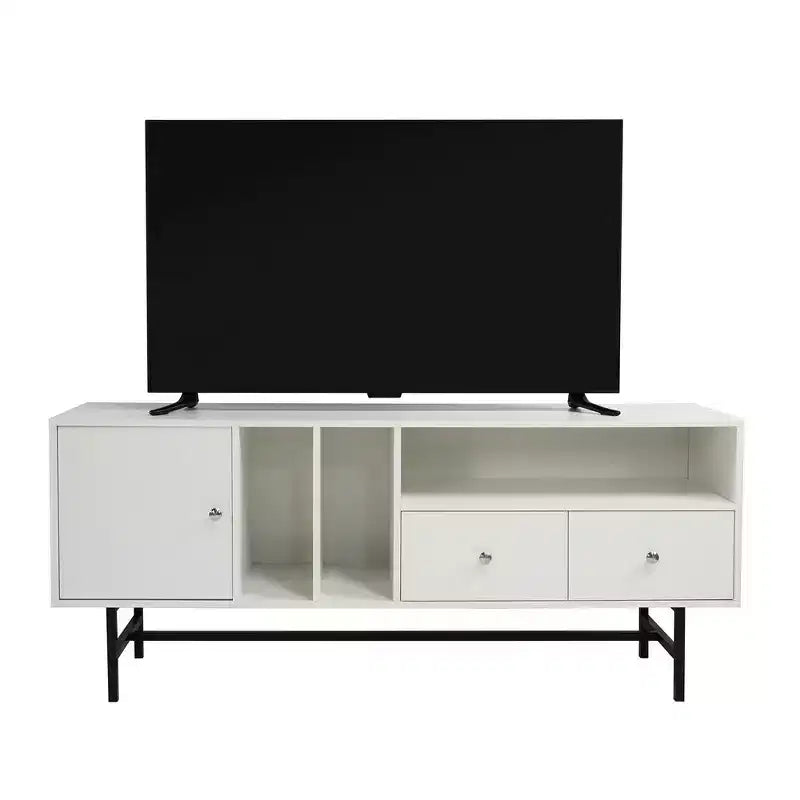 Meuble TV Mid-Century Modern avec cadre en bois, rangements fermés et pieds en fer noir, console média pour salon