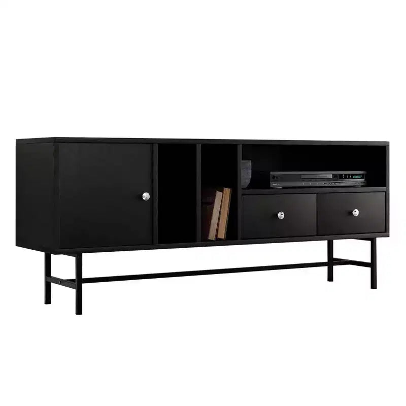 Meuble TV Mid-Century Modern avec cadre en bois, rangements fermés et pieds en fer noir, console média pour salon