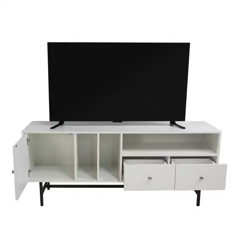 Meuble TV Mid-Century Modern avec cadre en bois, rangements fermés et pieds en fer noir, console média pour salon