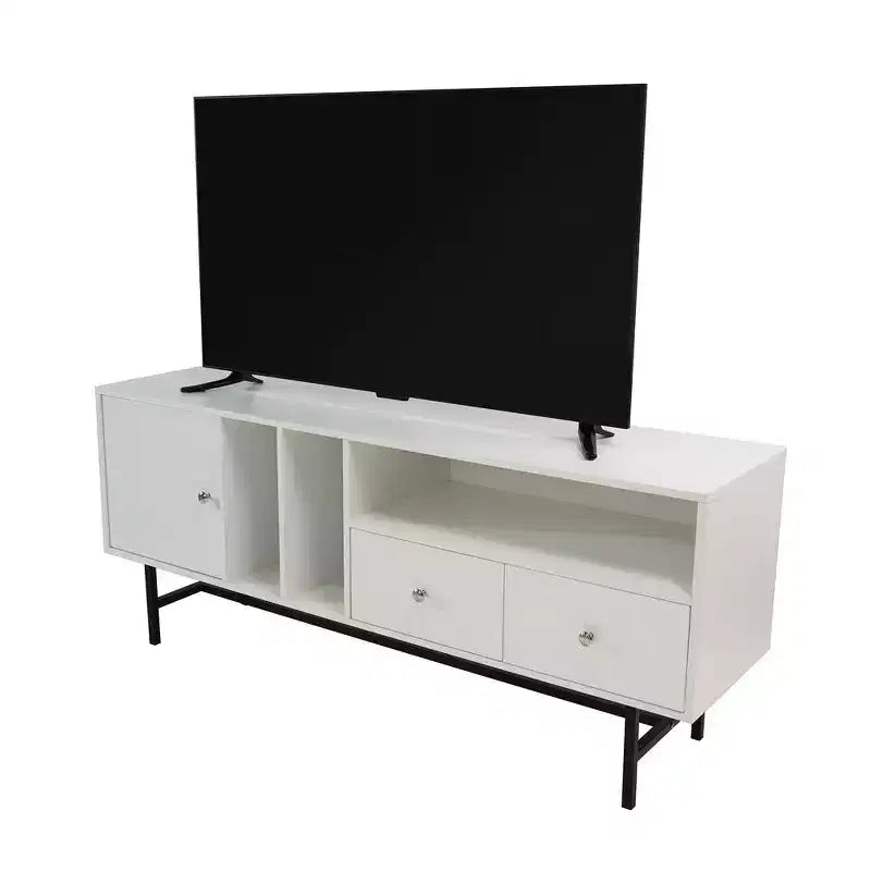 Meuble TV Mid-Century Modern avec cadre en bois, rangements fermés et pieds en fer noir, console média pour salon