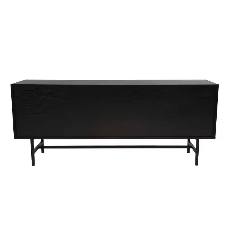 Meuble TV Mid-Century Modern avec cadre en bois, rangements fermés et pieds en fer noir, console média pour salon