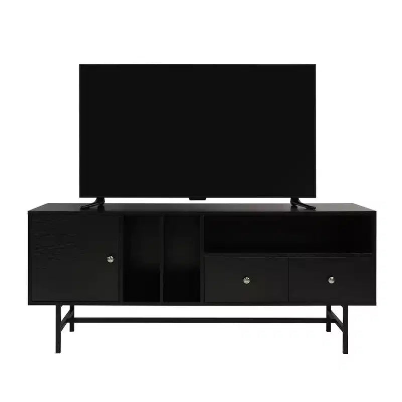 Meuble TV Mid-Century Modern avec cadre en bois, rangements fermés et pieds en fer noir, console média pour salon