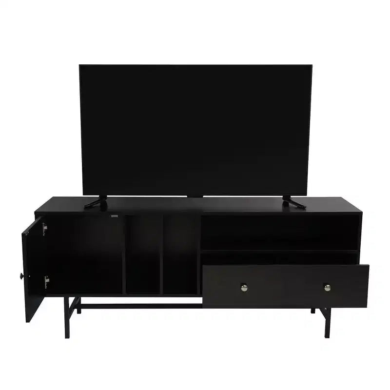 Meuble TV Mid-Century Modern avec cadre en bois, rangements fermés et pieds en fer noir, console média pour salon