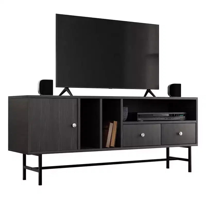Meuble TV Mid-Century Modern avec cadre en bois, rangements fermés et pieds en fer noir, console média pour salon