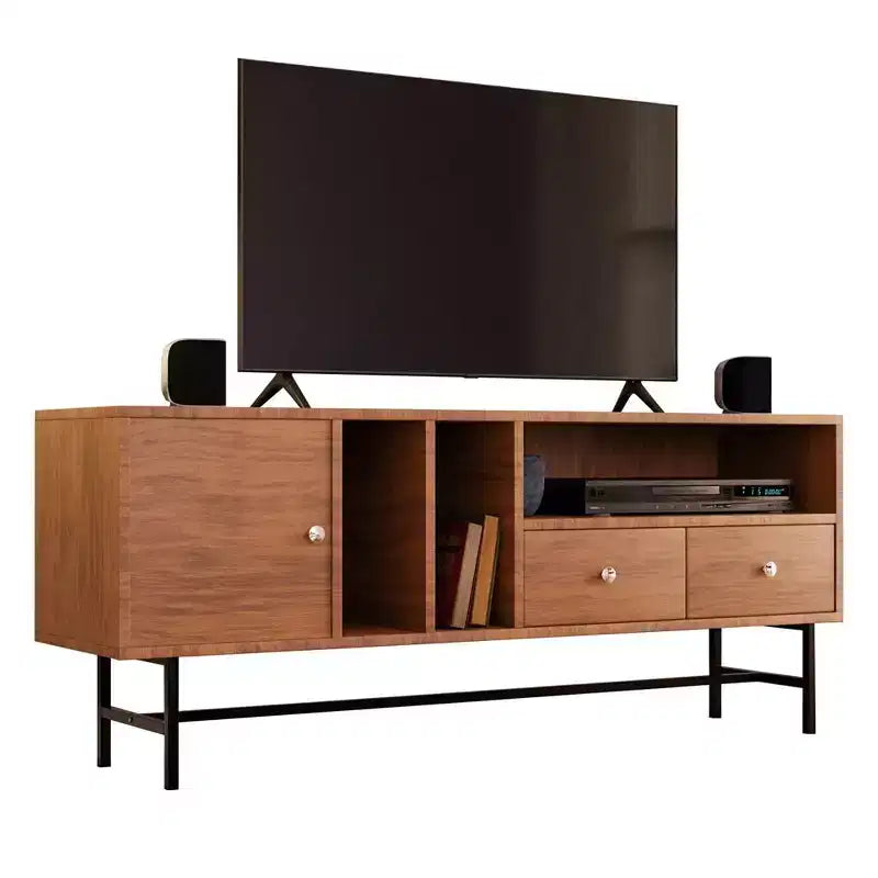 Meuble TV Mid-Century Modern avec cadre en bois, rangements fermés et pieds en fer noir, console média pour salon