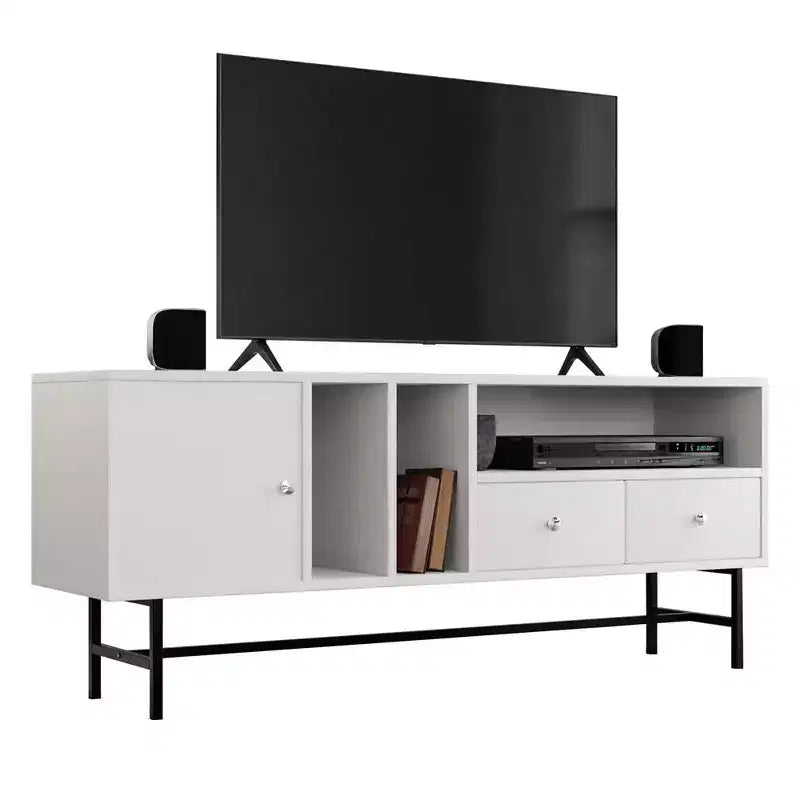 Meuble TV Mid-Century Modern avec cadre en bois, rangements fermés et pieds en fer noir, console média pour salon