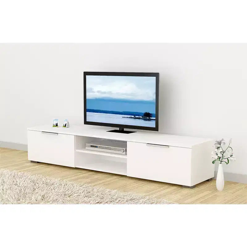 Meuble TV 2 tiroirs 2 étagères, Blanc laqué